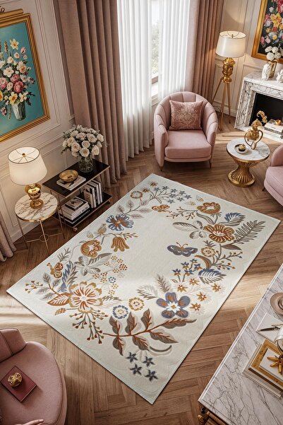 Cotto Home Cotto Cool CL006R Krem Çiçek Desenli Modern Halı Şık Akrilik Kaymaz Taban Kolay Temizlenebilir