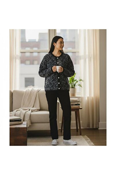 EREN STYLE Long Sleeve Leopard Print Quality Wool Cardigan