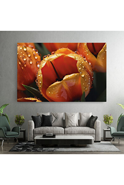 Arthub Canvas Painting, Bedroom And Living Room, Flowers, Orange Tulip Water Drops
