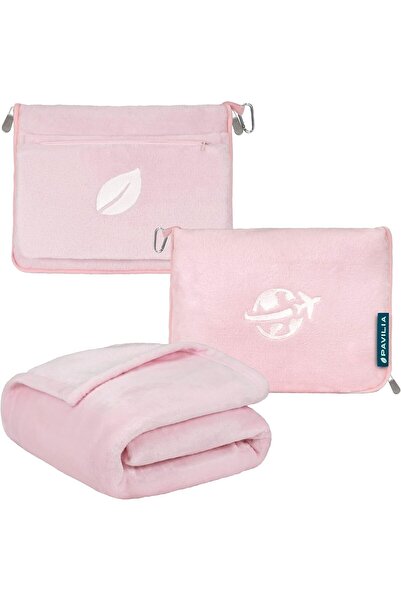 PAVILIA 2-in-1 Travel Blanket and Pillow Set – Pink, Polyester
