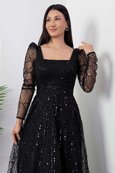 PULLIMM Square Neckline Long Sleeve Beaded Tulle Dress 41112