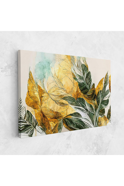 Arthub Canvas Painting, Bedroom And Living Room, Abstract, Gold And Green Leafes