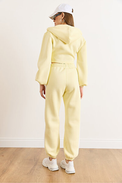 Olalook Women's Yellow Color Detailed Fleece-Lined Thick Winter Tracksuit Set Etkm-0000073