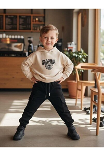 Zekids Boy's Teddy Bear Patterned Hooded Tracksuit Set