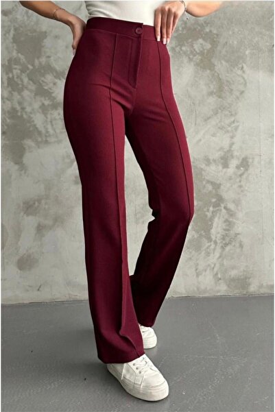 ALKY STORE Kadın Likralı Düğmeli Çimalı Yumuşak Bol Paça Yüksek Bel Pantolon