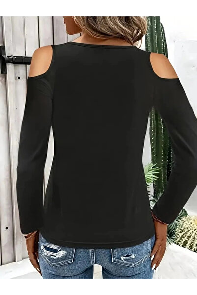 Butik Women's Off-The-Shoulder Long Sleeve Ring at Neckline Striped Detail Viscose Blouse