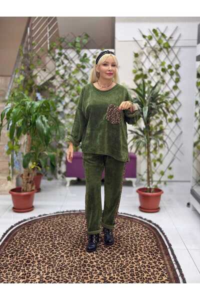 Punta Otantik Nc25183 Leopard Patterned Pocket Detailed Italian Velvet Suit Green