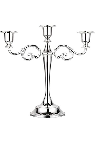 OwnMy شمعدان معدني بثلاثة أذرع - شمعدان فضي كلاسيكي أنيق