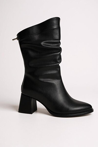 VeliKundura Black Back Zipper Pointed Toe Thick Heel Ruffled Women's Boots