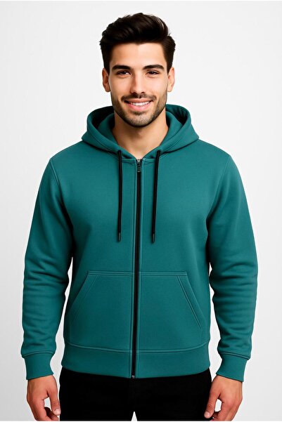 AXXEL Men's Green Zippered Hooded Sweatshirt 3 Thread Ş Fleece-Lined W590-E