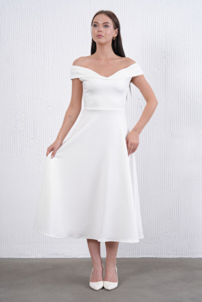 WOMAN VISION Damen trägerloses Midi-Swingkleid aus Stretch-Scuba-Stoff mit Ku...