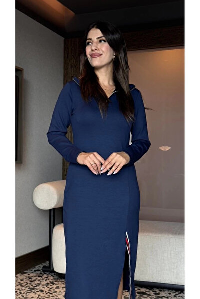 BÜŞRA TEZEL MODA Women's Long Sleeve Turtleneck Front Zipper Slit Midi Viscose Two Thread Dress