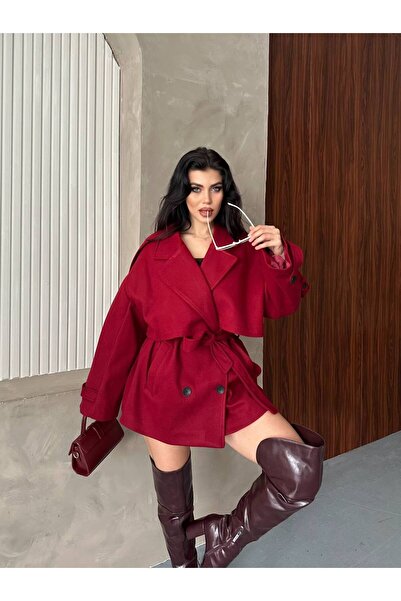 ZF BUTİK Women's Short Cashmere Coat with Belted Sleeves and Epaulet Detail Premium Cashmere Coat