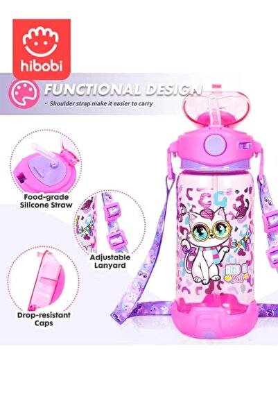 hibobi 650Ml Sippy Cup Water Bottle for Kids with Cat Design, Easy-to-Carry School