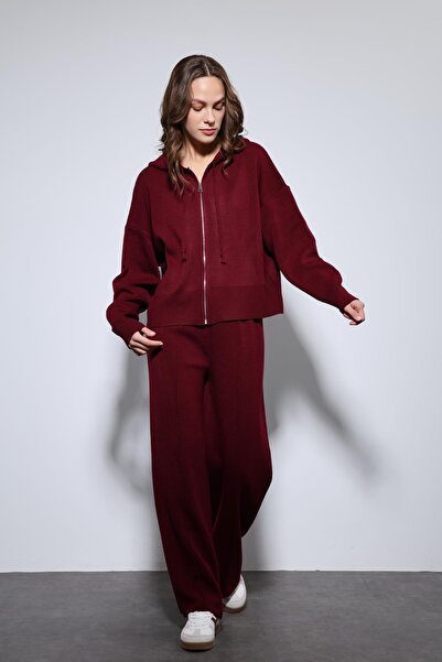 Antioch Burgundy Hooded Top and Wide Leg Knitwear Set