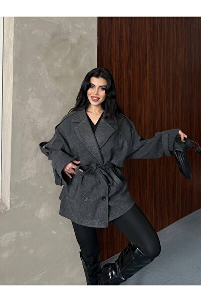 ZF BUTİK Women's Short Cashmere Coat with Belted Sleeves and Epaulet Detail Premium Cashmere Coat