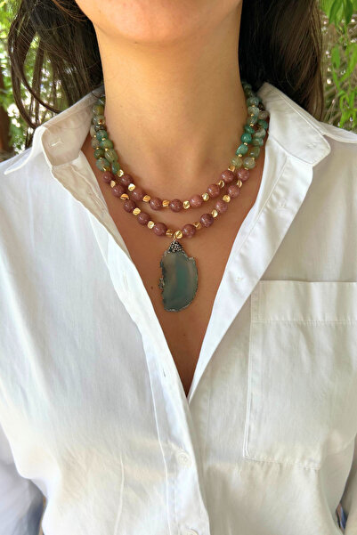 Suerte Accessories Handmade Star Stone and Jade Natural Stone Special Design Jade Natural Stone Pendant Women's Double Necklace