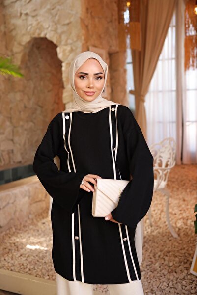 Kirazca Butik Women's Striped Buttoned Standard Size Knitwear Hijab Set