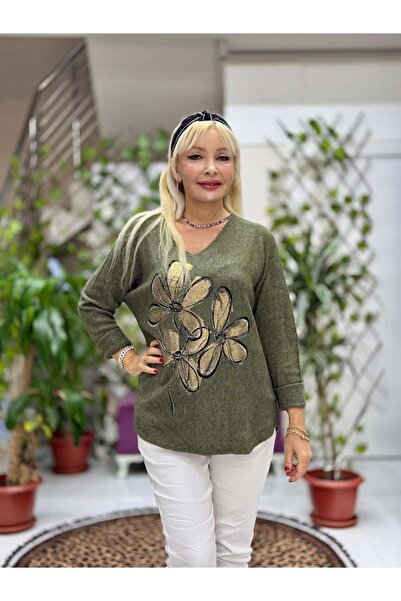 Punta Otantik Yg8022 Floral Patterned Stone Italian Knitwear Blouse Green
