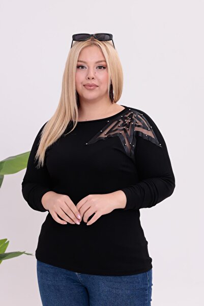 Siyezen Plus Size Shoulder Star Pearl Detailed Blouse