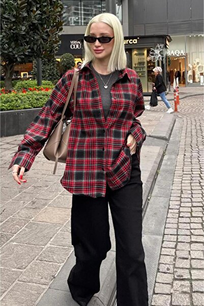 Madmext Red Oversized Plaid Pattern Women's Shirt Mg2589