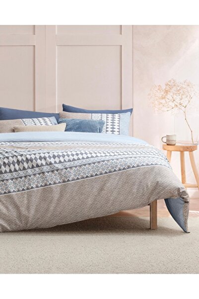 Madame Coco Atlas Home Benoit Double 100% Cotton Ranforce Printed Bedding Set - Beige/Blue