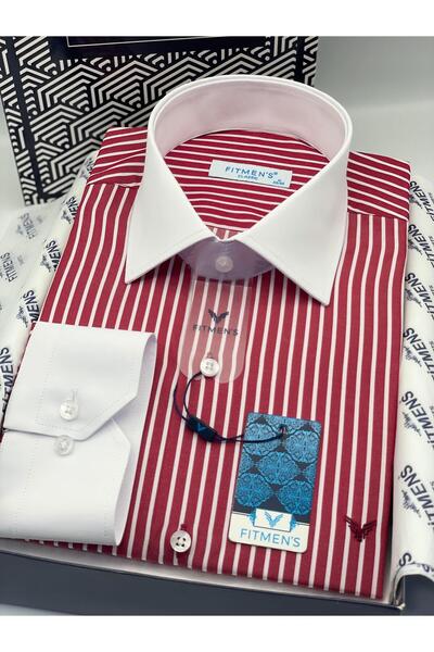 Fitmens Classic long sleeve pocketless collar cuff white gift boxed men's shirt fs-004328 - burgundy white