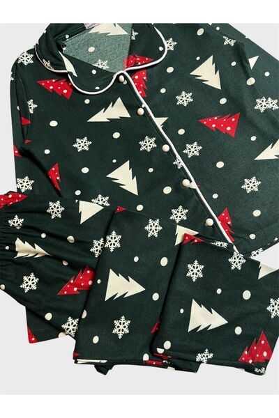 tusem butik homewear Girl's Cotton Suede Fabric Green Pine Snowflake Christmas Patterned Shirt Collar Buttoned Pajama Set