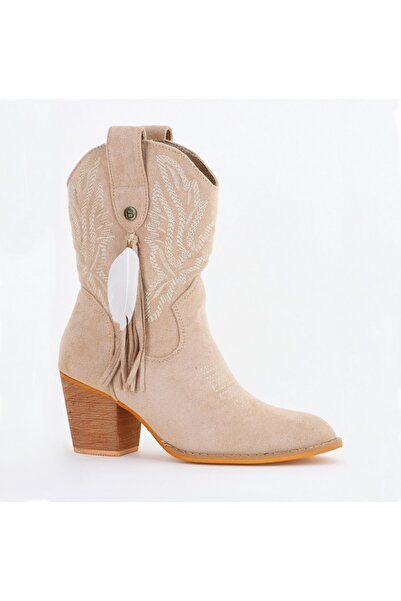 İdeal Botine western de damă piele ecologică întoarsă bej