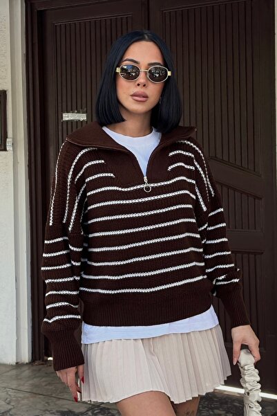 Auroveen Pulover supradimensionat cu dungi, cu fermoar pe jumătate, AV2026210