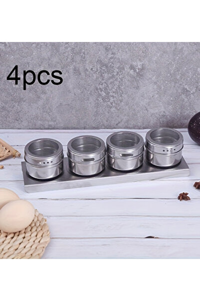 NO BRAND 4pcs Stainless Steel Magnetic Spice Jars, Includes Base, Transparent Lid, Sieve, and Magnetic Shelf