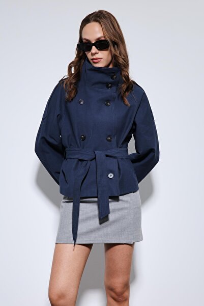 Antioch Navy Blue Mock Neck Double-Breasted Trench Coat
