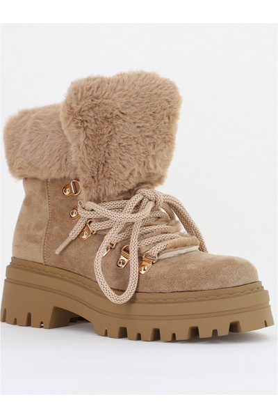 MARQUIIZ Ghete damă cu șireturi piele ecologică îmblănită Taupe