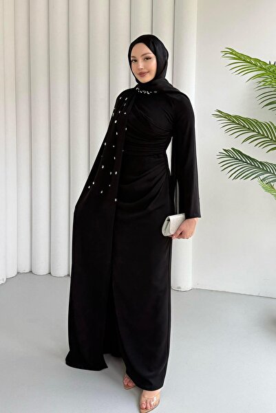 Modaensarbutik Taş Detaylı Pelerinli Tesettür Abiye-SİYAH