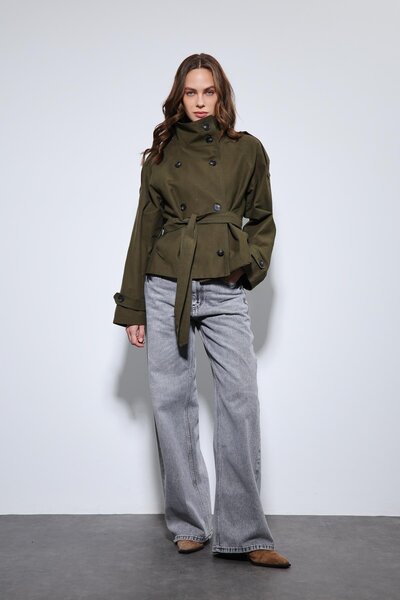 Antioch Khaki Mock Neck Double-Breasted Trench Coat