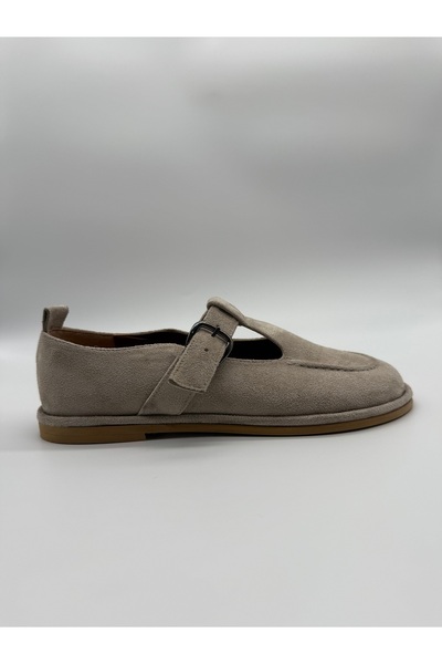 BURCU COLLECTİON Alina Beige Loafer with Adjustable Strap and Buckle Detail