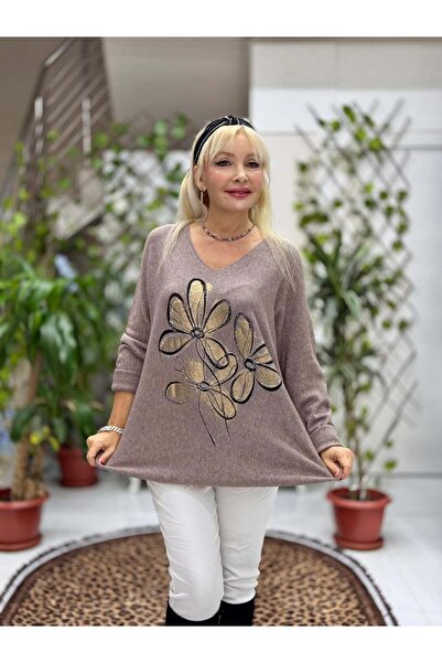 Punta Otantik YG8022 Μπλούζα ιταλικής πλεκτομηχανής με λουλουδάτο σχέδιο με πέτρες βιζόν