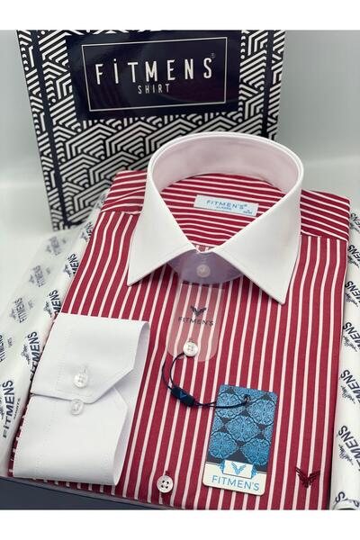 Fitmens Classic long sleeve pocketless collar cuff white gift boxed men's shirt fs-004328 - burgundy white
