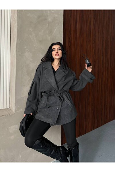 ZF BUTİK Women's Short Cashmere Coat with Belted Sleeves and Epaulet Detail Premium Cashmere Coat