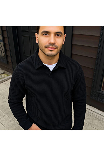 buğrahayalin Men's Corded Fabric Fleece Sweatshirt – Buttonless Polo Collar, Oversized Comfortable Fit, Thick Fleece