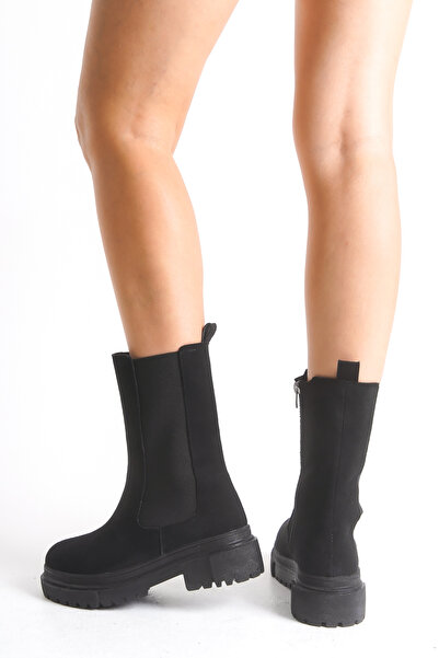 Ayakkabı Delisiyim Siyah Süet Kısa Kadın Postal Bot Lastikli Kalın Tabanlı Su...