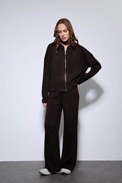 Antioch Brown Hooded Top and Wide Leg Knitwear Set