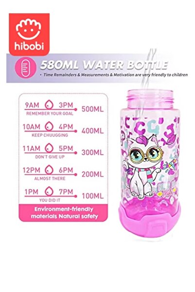 hibobi 650Ml Sippy Cup Water Bottle for Kids with Cat Design, Easy-to-Carry School