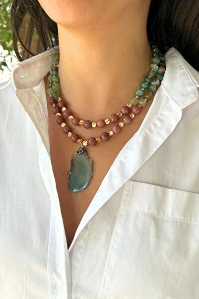 Suerte Accessories Handmade Star Stone and Jade Natural Stone Special Design Jade Natural Stone Pendant Women's Double Necklace