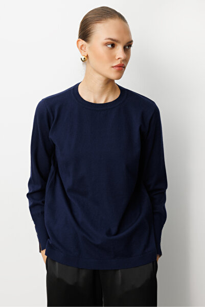 Mizalle Kol Düğmeli Lacivert Yuvarlak Yaka İnce Triko Kazak