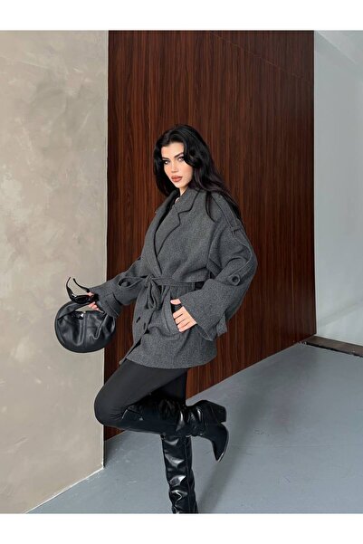 ZF BUTİK Women's Short Cashmere Coat with Belted Sleeves and Epaulet Detail Premium Cashmere Coat