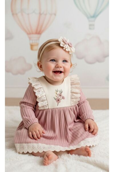 MİNİBORN 3611 Girls Long Sleeve Cotton Flower Embroidered Tie-Dye Dress/Bandana Set