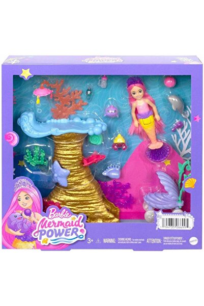 Barbie مجموعة لعب حورية البحر المغذية، دمية حورية البحر تشيلسي مع 4 حيوانات أليفة وشعاب مرجانية