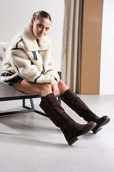 FSKOMBİN Floor Bitter Brown Genuine Suede Thick Flat Sole Women's Boots