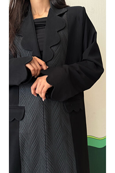 AYA - MW1725 - Black blazer abayas with added pockets and jacquard insert